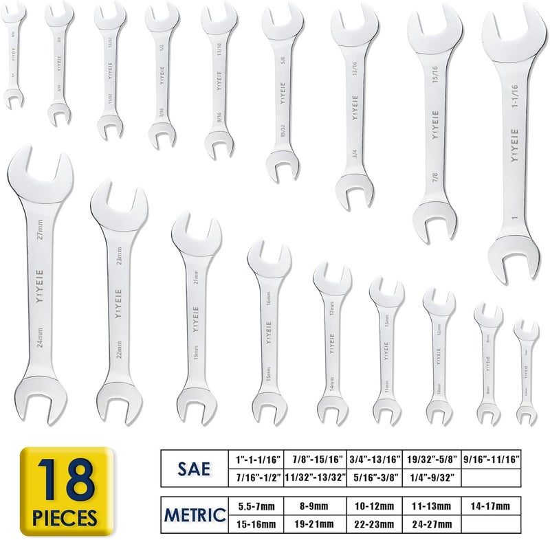 YIYEIE 18pcs Super-Thin Open End Wrench Set, Metric & SAE, 5.5mm to 27mm, 1/4" to 1-1/16", CR-V Steel with Mirror Finish, Ultra-Slim Wrench Set with Rolling Pouch - Image 2
